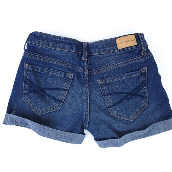 Aeropostale Midi Jean Shorts Size 000 Dark Wash, Rolled Cuff Denim Shorts Summer - Picture 2 of 4